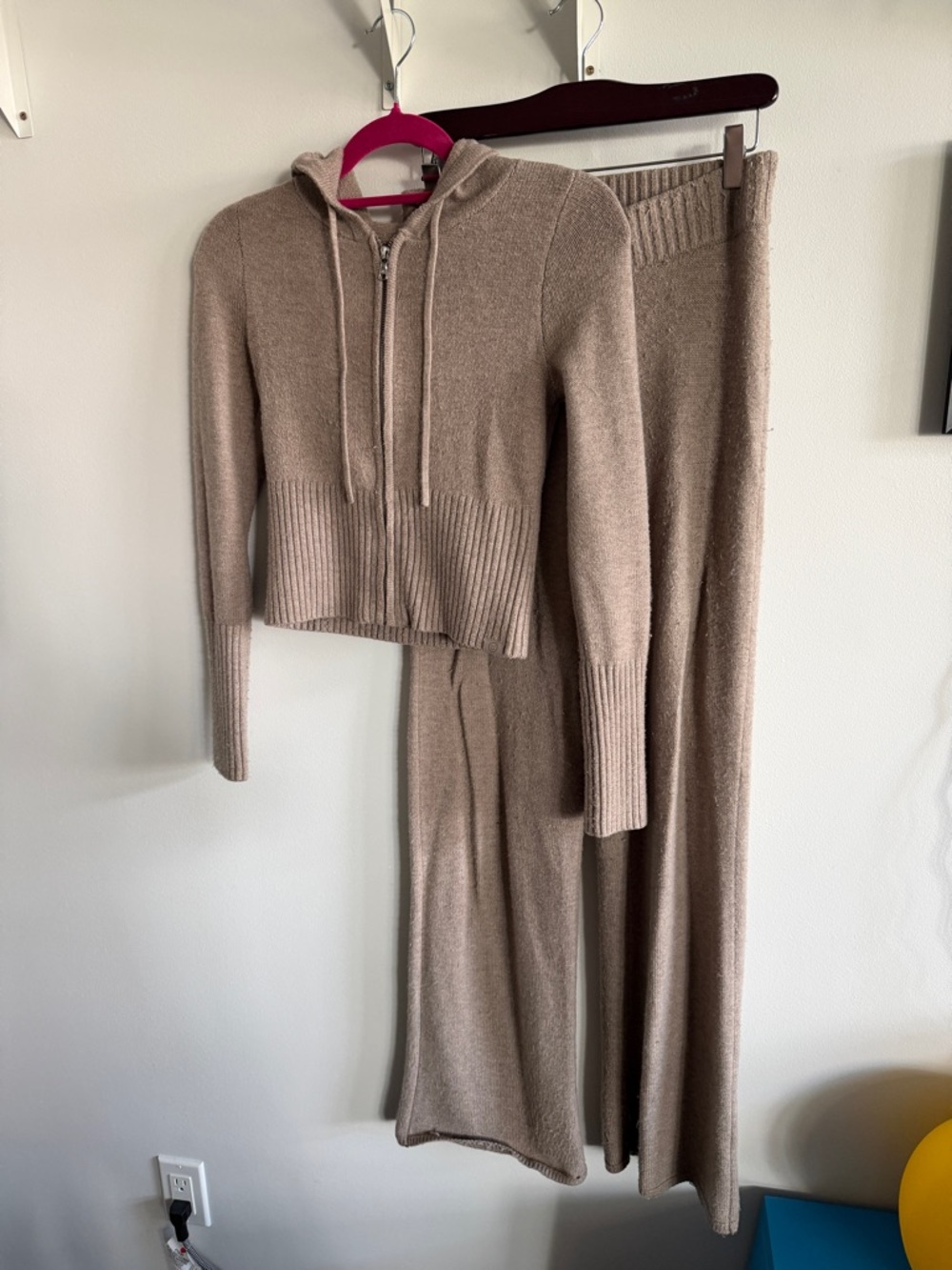 Cozy Taupe Knit Hoodie & Wide-Leg Pants Set
